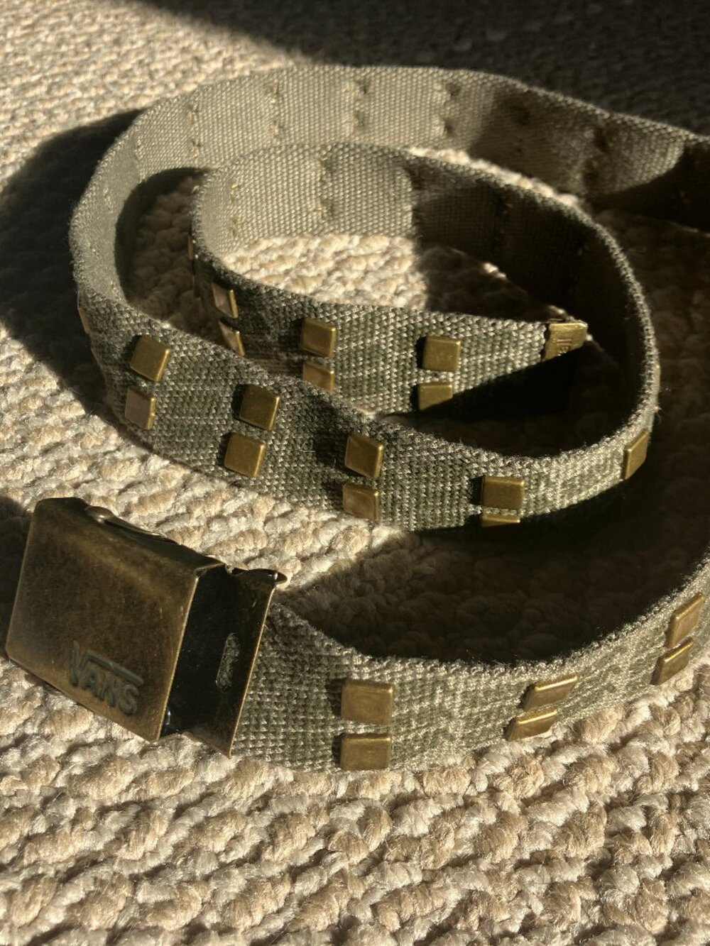 Vintage Y2K Vans Off The Wall Green Brass Canvas Studded Belt up to 47"